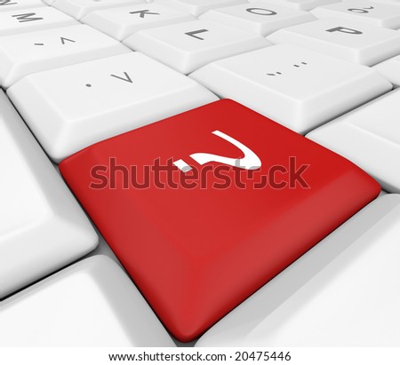 A red question mark key on a white keyboard
