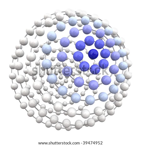 A white sphere with concentration of blue connected balls