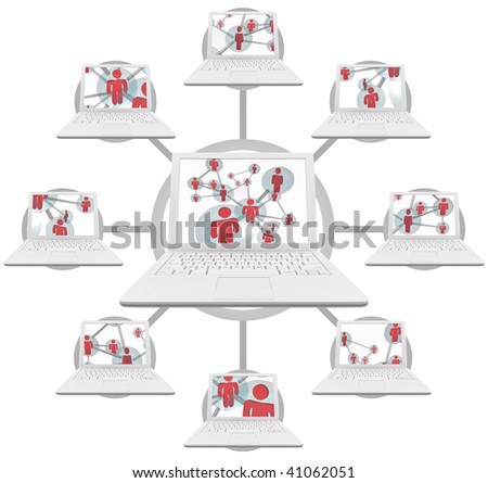 Illustration of connected laptop computers linked through social networks