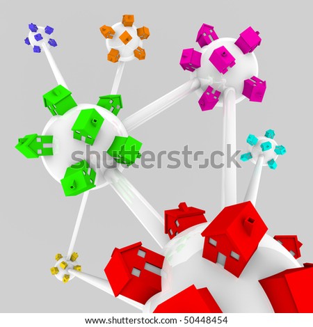 Several spheres containing houses of different colors, all connected in a network