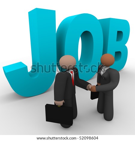A business man and woman shake hands in front of the word Job