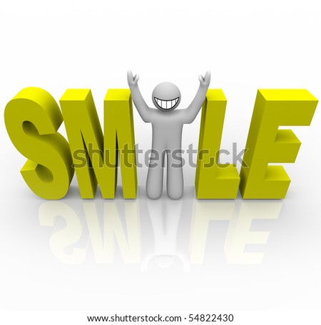 The word Smile in yellow letters and a man with a smiley face stands in for the letter i