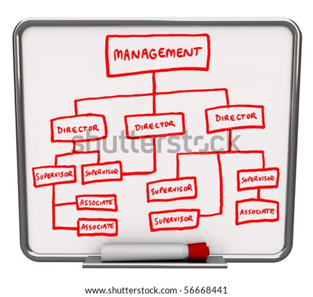 A white dry erase board with an org chart drawn onto it
