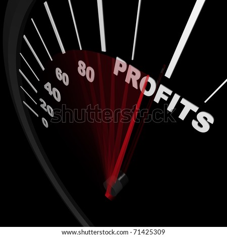 A speedometer rises representing increasing sales with needle pointing to word Profits