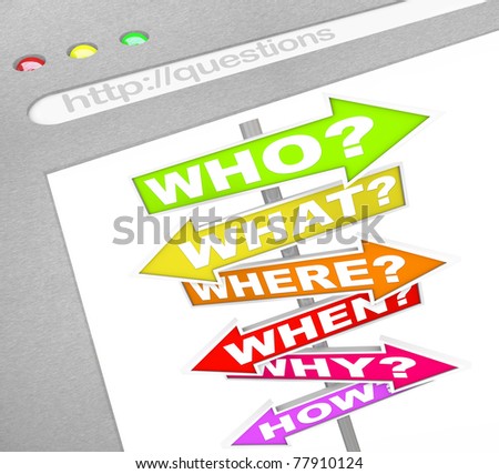 A web browser window shows the words Who What Where When Why and How on colorful street signs of arrows pointing in different directions, representing the quest to find answers online