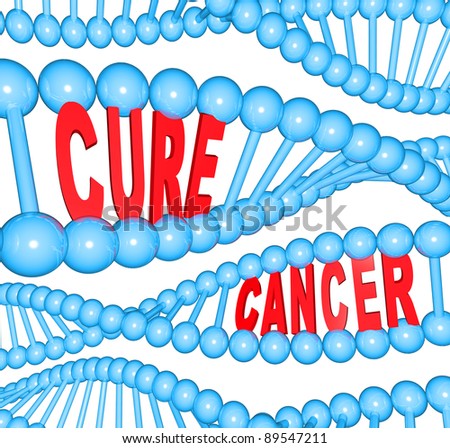 The words Cure Cancer in strands of DNA representing the importance of breakthrough medical research in finding therapies, causes and cures for types of cancer such as breast, brain, lung and others