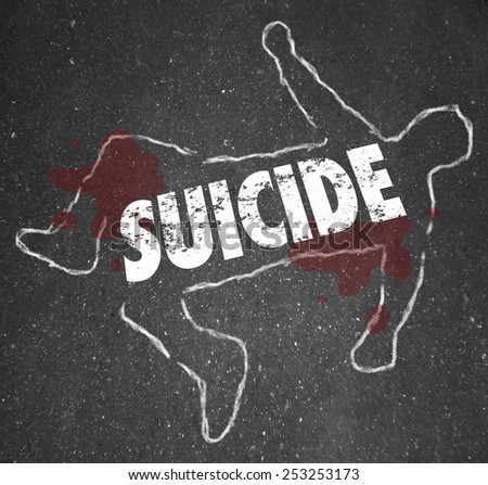 Suicide word written on a chalk outline of a dead body, a person who ended his life out of depression and wanting to end living