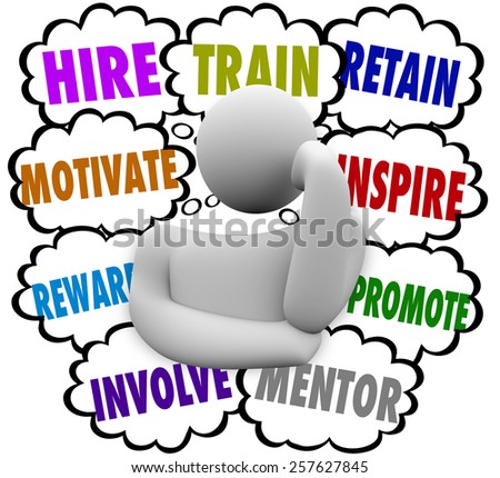 A business person thinking of ways to motivate and retain employees with thought clouds containing the words hire, train, reward, involve, mentor, inspire and promote