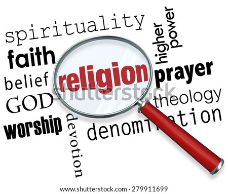 Finding Religion word with magnifying glass with related terms like spirituality, faith, belief, god, worship, devotion and prayer