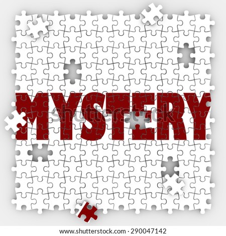 Mystery word on puzzle pieces to illustrate solving an unknown problem or uncertainty with a solved answer