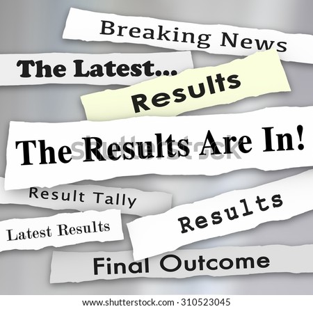 The Results are In words in newspaper headlines to illustrate voting or election survey or poll results reported by news outlets