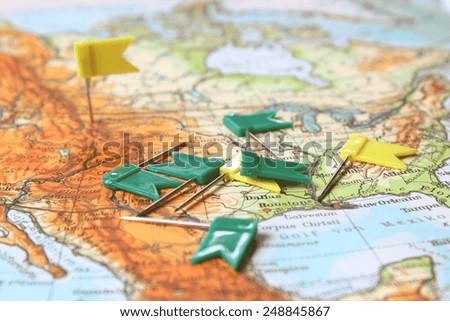Roadtrip planning background - map with flag pins