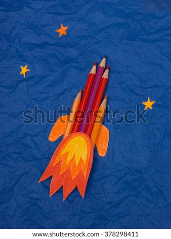 Space rocket illustration with colored pencils in space with stars background - vertical image for science, school, educational event poster background with space for text