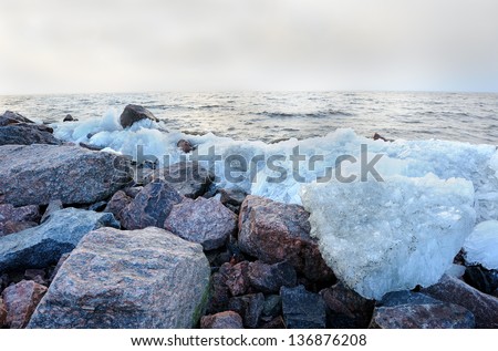 Rubble ice seashore landscape in Kronstadt near St. Petersburg, Russia