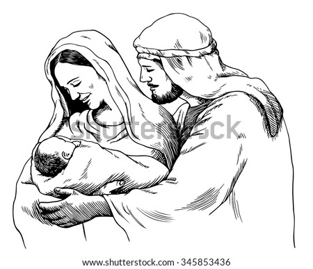 Christmas nativity scene of Joseph and Mary holding baby Jesus, hand drawn sketch