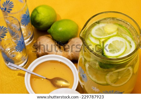 Refreshing and healthful drink with lemon, ginger and honey.