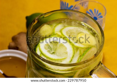 Refreshing and healthful drink with lemon, ginger and honey.