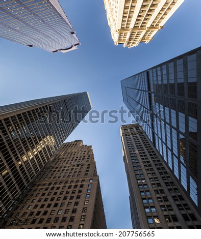 Looking up Lower Manhattan skyscrapers, New York City