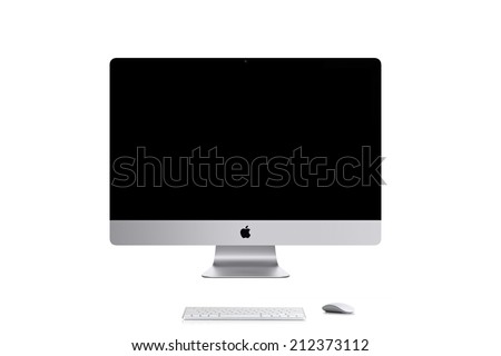 New York, U.S.A.- April  05, 2014: Apple iMac 27 inch desktop computer against white background.