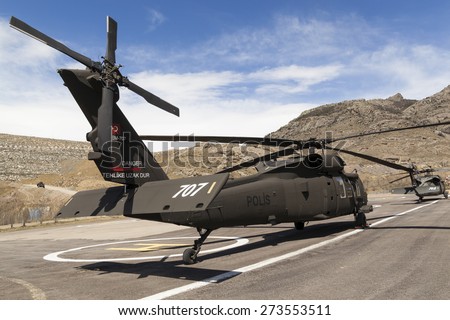 Ankara, Turkey - April 27, 2015: Sikorsky UH-60 Black Hawk helicopter on airfield.More than 2,000 UH-60 Black Hawk helicopter variants are in service with the US Military and more than 600 exported.