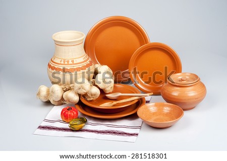 Set of traditional rustic Ukrainian, Russian dishes