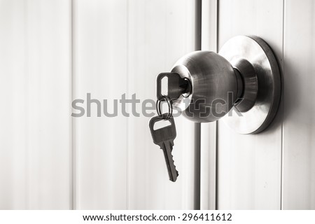 The white door with metal doorknob is lock