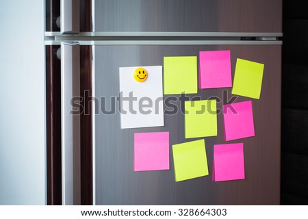 Abstract of Blank paper and post-it on refrigerator door.
