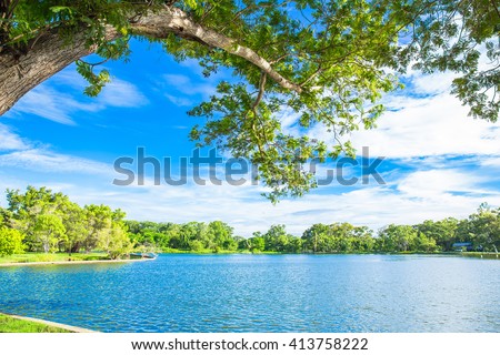 Fresh air Trees with blue sky and wind blew gently on the river in morning