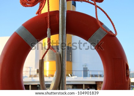 Close up view of a life ring on a big cruise ship