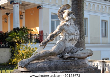 Famous statue Wounded Achilles in the garden of Achillion palace in Corfu, Greece