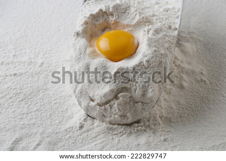Dough ingredients, flour, eggs, flour and egg on a big spoon