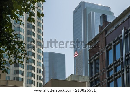 Modern architecture with american flag in San Francisco, CA