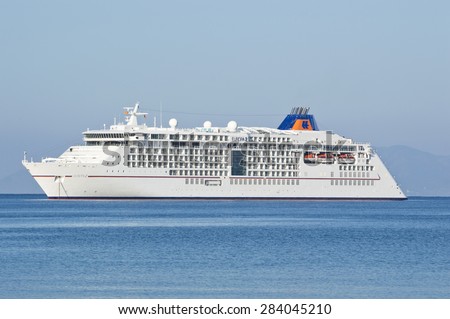 Izmir, Turkey - September 09, 2014: Side view of a cruise ship waiting in sea at Dikili-Izmir.