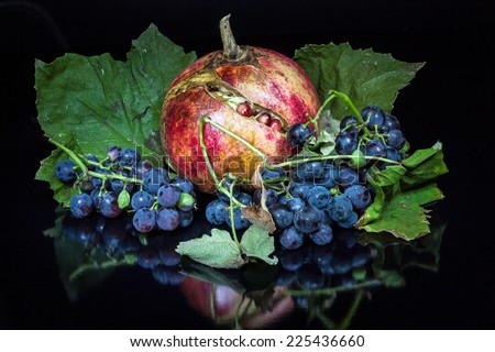 Closeup of a pomegranate and wild grapes