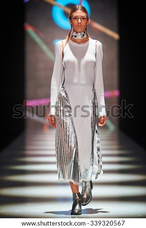 A model walks on the SAINT-TOKYO catwalk. Spring/Summer 2016. MERCEDES-BENZ FASHION WEEK RUSSIA. 24 October 2015, Moscow, Russia.
