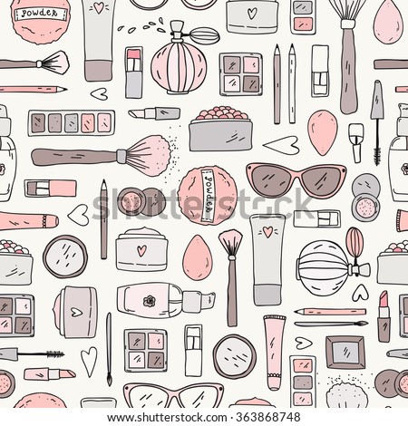 Hand drawn doodle background. Vector seamless pattern  with makeup items - nail polish, mirror, perfume, lipstick, powder brush, mascara, eye shadow, face cream and sunglasses.