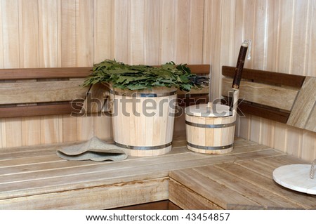 Interior and attributes of a pair Russian bath.