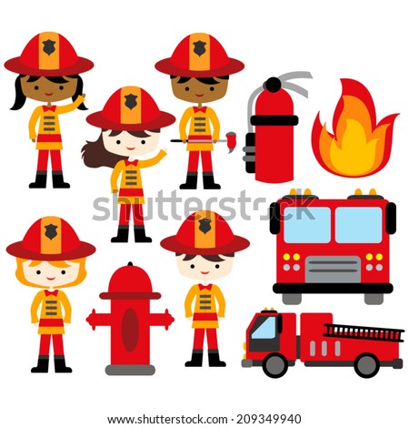 Cute firefighter set. Boys and girls in firefighter costumes.