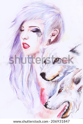 beautiful girl with a watercolor drawing wolves