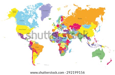 Colored political world map with country names and capital cities