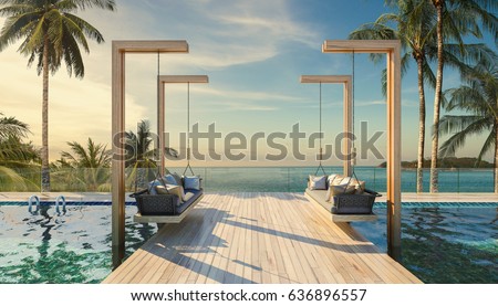 Beautiful Swing sofa on the Swimming pool waters outdoor tropical beach coastline with blue ocean sea horizon- 3D rendering