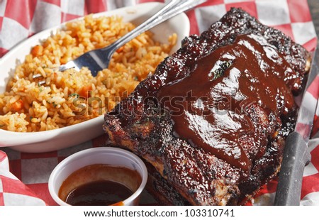 Rack of Ribs with Barbe-que Sauce and Mexican Rice