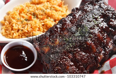 Rack of Ribs with Barbe-que Sauce and Mexican Rice