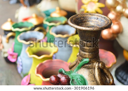 Ceramic handycrafts sold in the shops along the main road of San Juan Oriente in the highlands between Granada and Masaya, Nicaragua. Shallow depth of field