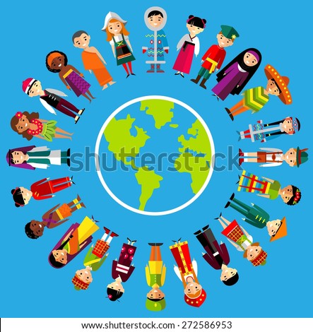 Vector illustration of multicultural national children, people on planet earth Set of international people in traditional costumes around the world