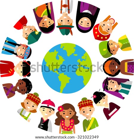 Vector illustration of multicultural national children, people on planet earth. Set of international people in traditional costumes around the world