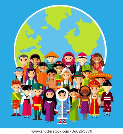 Vector illustration of multicultural national children, people on planet earth\
Set of international people in traditional costumes around the world
