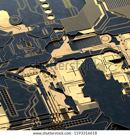 Circuit board futuristic server code processing. Gold and black technology background. 3d rendering abctract circuit board.