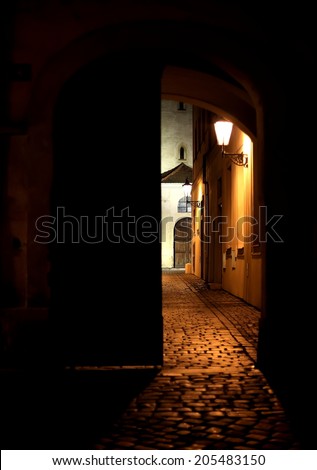 Half-open door. View from the darkness into the lit alley. Prague.