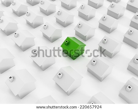 Green home stands out aong white houses.